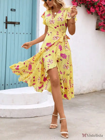 Vestido Midi Transpassado Feminino Decote V Fluido Amarela / PP Vestido Midi Transpassado Feminino Decote V Fluido