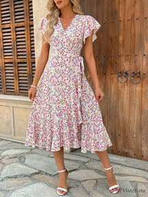 Vestido Midi Transpassado Feminino Decote V Fluido Rosa / PP Vestido Midi Transpassado Feminino Decote V Fluido
