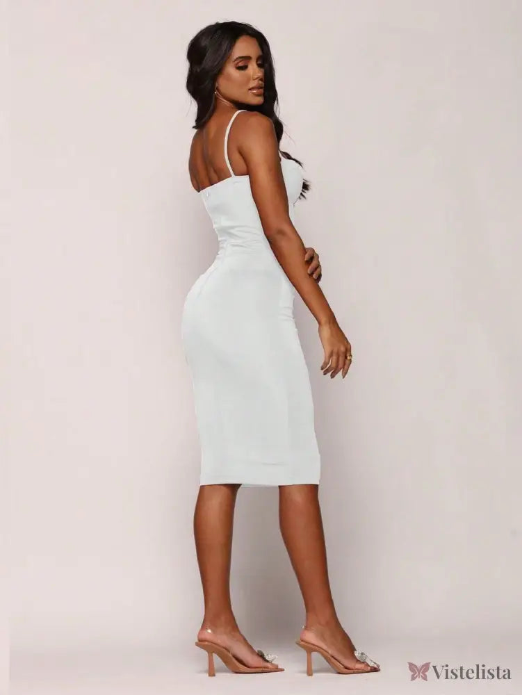Vestido Midi Tubinho Justo Alças Finas Com Bojo Estruturado Vestido Curto Justo Gola Alta Com Fenda Lateral