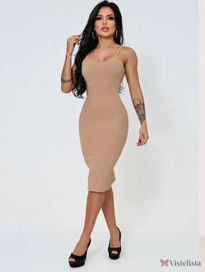 Vestido Midi Tubinho Justo Alças Finas Minimalista Vestido Midi Tubinho Justo Alças Finas Minimalista