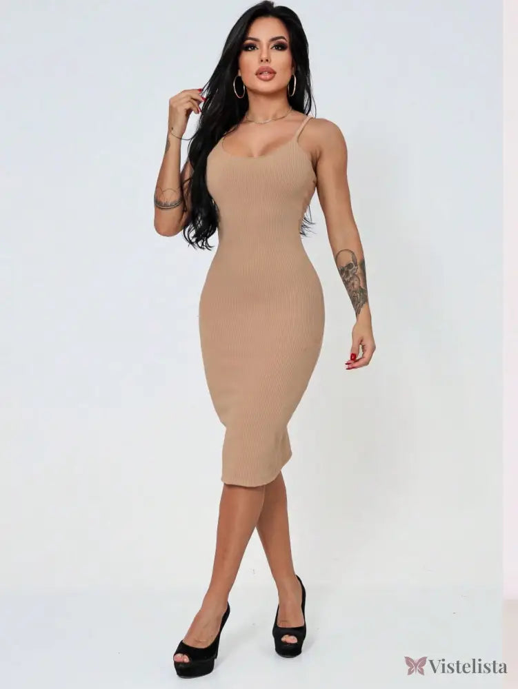 Vestido Midi Tubinho Justo Alças Finas Minimalista Bege / PP Vestido Midi Tubinho Justo Alças Finas Minimalista