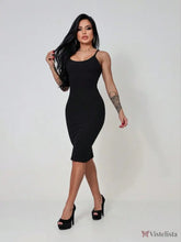 Vestido Midi Tubinho Justo Alças Finas Minimalista Preto / PP Vestido Midi Tubinho Justo Alças Finas Minimalista
