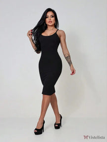 Vestido Midi Tubinho Justo Alças Finas Minimalista Preto / PP Vestido Midi Tubinho Justo Alças Finas Minimalista