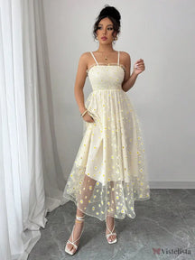 Vestido Midi Tule Bordado Com Estampa De Margaridas Amarela / PP Vestido Midi Tule Bordado Com Estampa De Margaridas