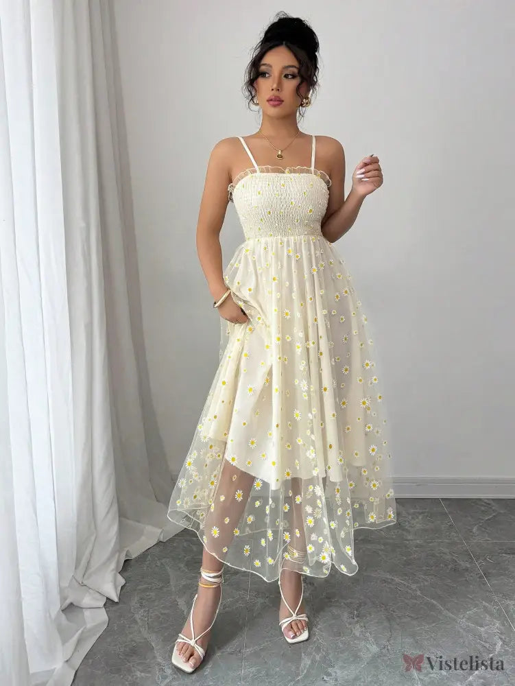 Vestido Midi Tule Bordado Com Estampa De Margaridas Amarela / PP Vestido Midi Tule Bordado Com Estampa De Margaridas