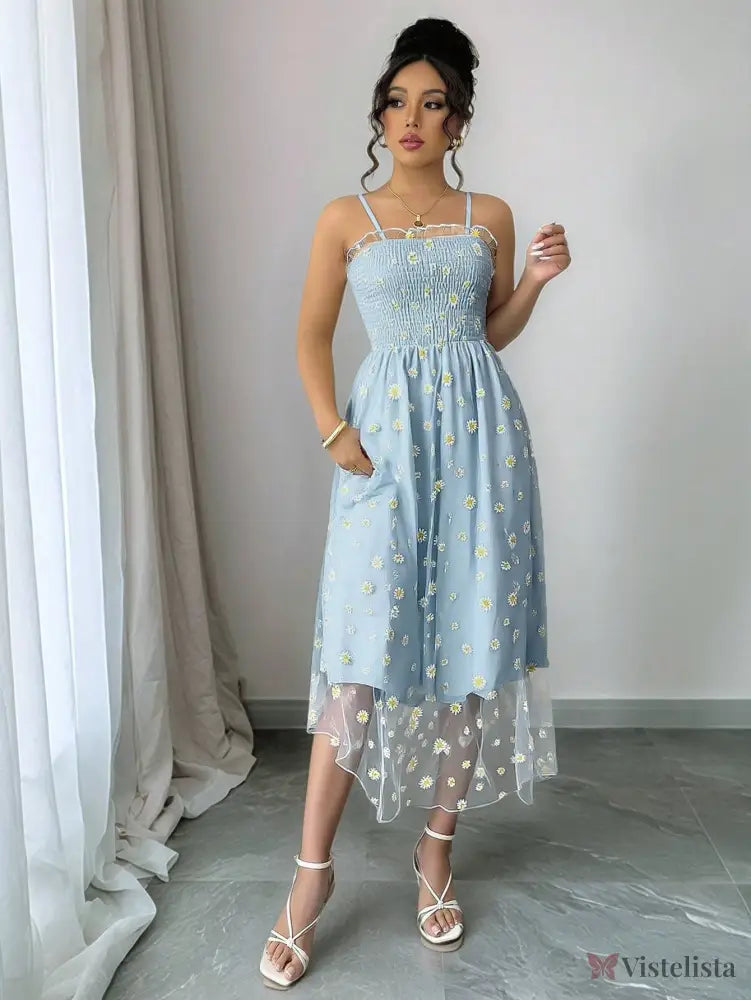 Vestido Midi Tule Bordado Com Estampa De Margaridas Azul Claro / PP Vestido Midi Tule Bordado Com Estampa De Margaridas