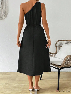 Vestido Midi Um Ombro Só Com Amarração Na Cintura Vestido Midi Um Ombro Só Com Amarração Na Cintura