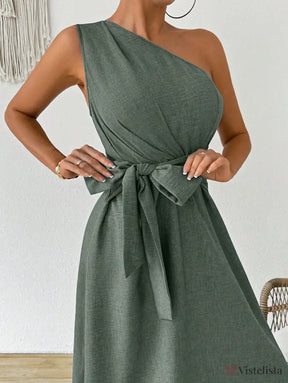 Vestido Midi Um Ombro Só Com Amarração Na Cintura Vestido Midi Um Ombro Só Com Amarração Na Cintura