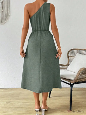 Vestido Midi Um Ombro Só Com Amarração Na Cintura Vestido Midi Um Ombro Só Com Amarração Na Cintura