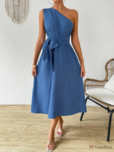 Vestido Midi Um Ombro Só Com Amarração Na Cintura Azul / PP Vestido Midi Um Ombro Só Com Amarração Na Cintura