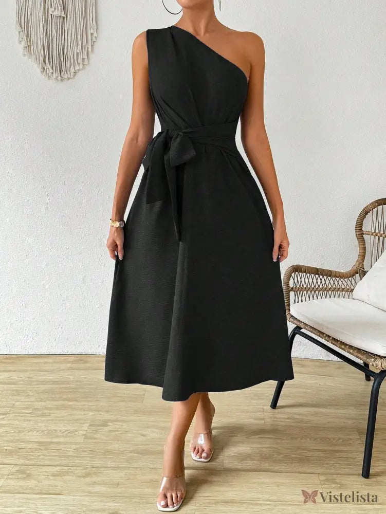 Vestido Midi Um Ombro Só Com Amarração Na Cintura Preto / PP Vestido Midi Um Ombro Só Com Amarração Na Cintura