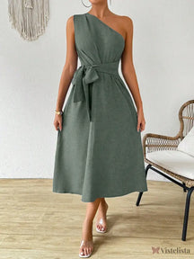 Vestido Midi Um Ombro Só Com Amarração Na Cintura Verde Militar / PP Vestido Midi Um Ombro Só Com Amarração Na Cintura