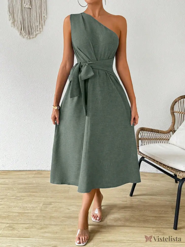 Vestido Midi Um Ombro Só Com Amarração Na Cintura Verde Militar / PP Vestido Midi Um Ombro Só Com Amarração Na Cintura