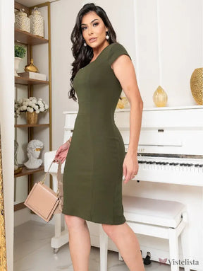 Vestido Tubinho Midi Social Decote Reto Elegante Vestido Tubinho Midi Social Decote Reto Elegante