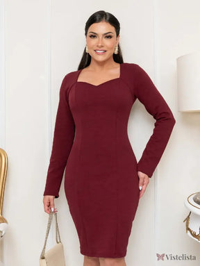 Vestido Tubinho Midi Social Manga Longa Decote Coração Vinho / PP Vestido Tubinho Midi Social Manga Longa Decote Coração